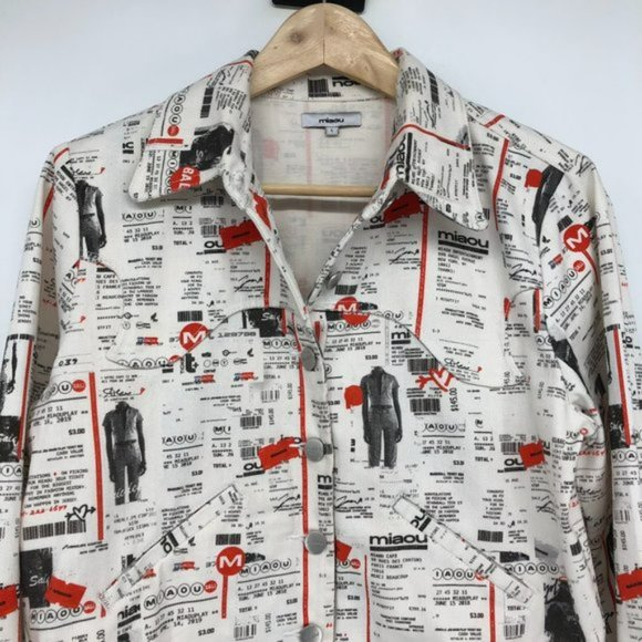 Miaou White Red Newsprint Denim cropped Jacket button front Lottery Ticket Multi - Picture 7 of 16